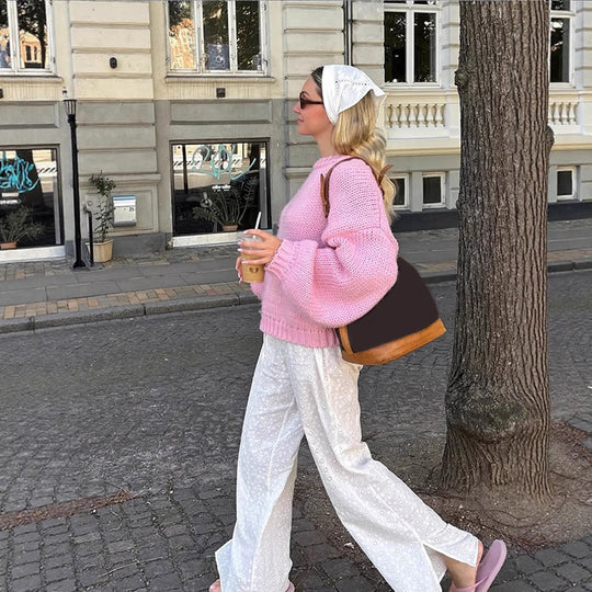 Damen lässiger Strickpullover mit weit geschnittenen Ärmeln R&B