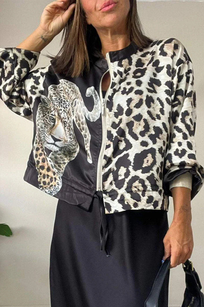 Damen entspannte Bomberjacke mit extravagantem Leoparden-Motiv R&B