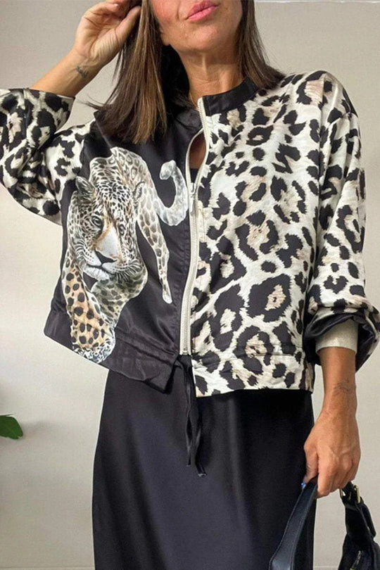 Damen entspannte Bomberjacke mit extravagantem Leoparden-Motiv R&B