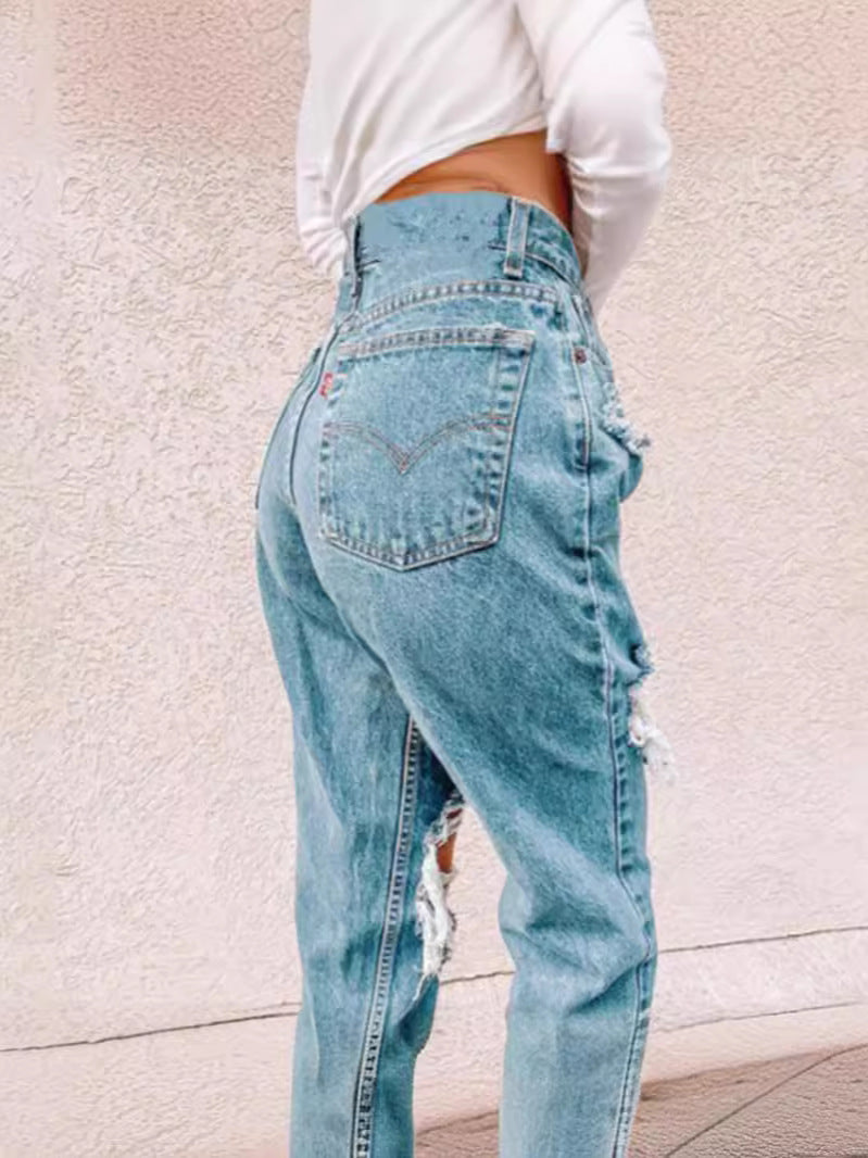 Damen Hochtaillierte Ripped Jeans mit fransigen Details R&B
