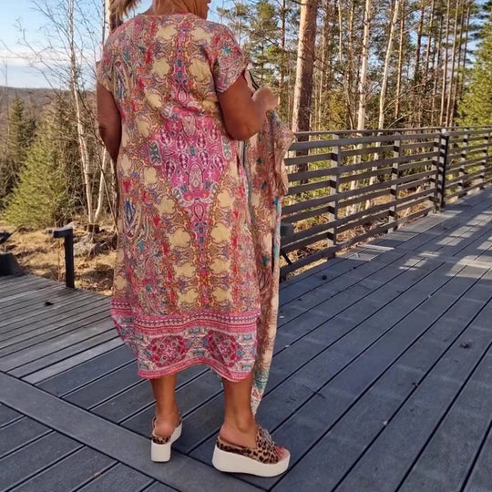 Damen nan luftiges V-Ausschnitt-Kleid im Paisley-Print mit Eingrifftaschen und passendem Pareo R&B
