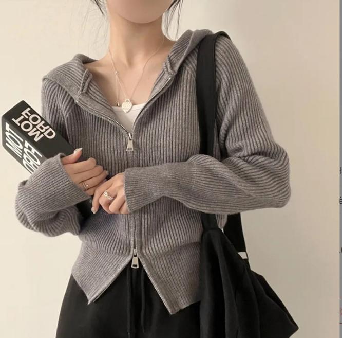 Damen lässige Strickjacke mit Kapuze und Reißverschluss R&B