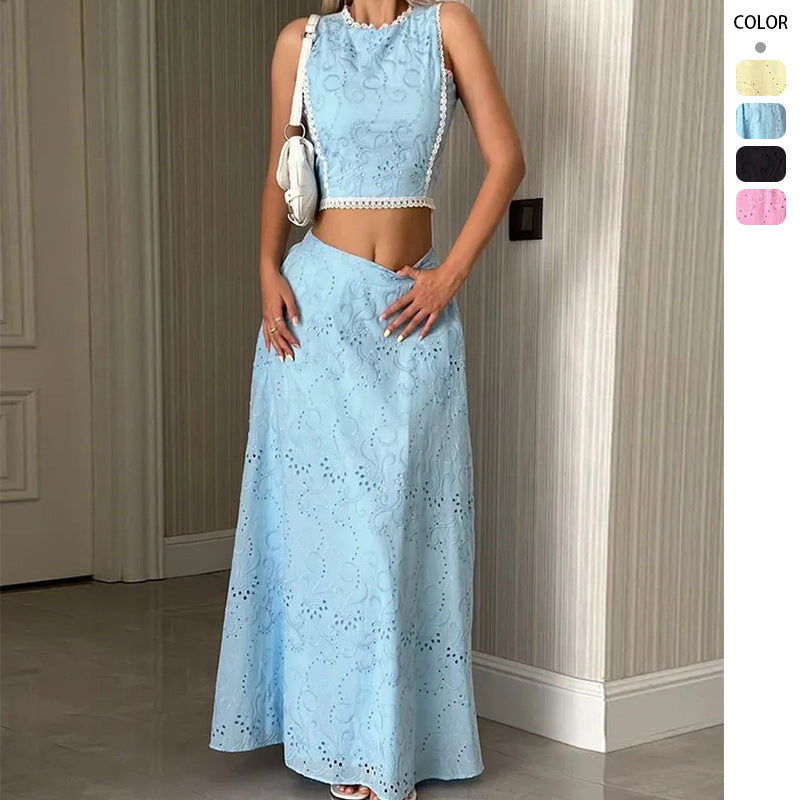 Damen Maxikleid mit filigranem Lochstickmuster und modischem Crop-Oberteil R&B