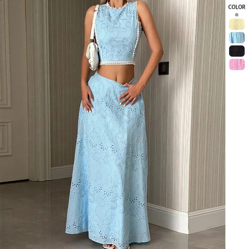 Damen Maxikleid mit filigranem Lochstickmuster und modischem Crop-Oberteil R&B