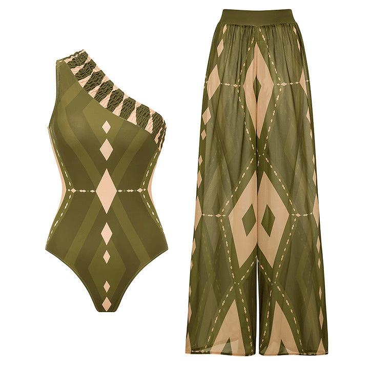 Damen Einteiler Badeanzug mit voluminösem Rüschendesign und passendem Stoffhose R&B