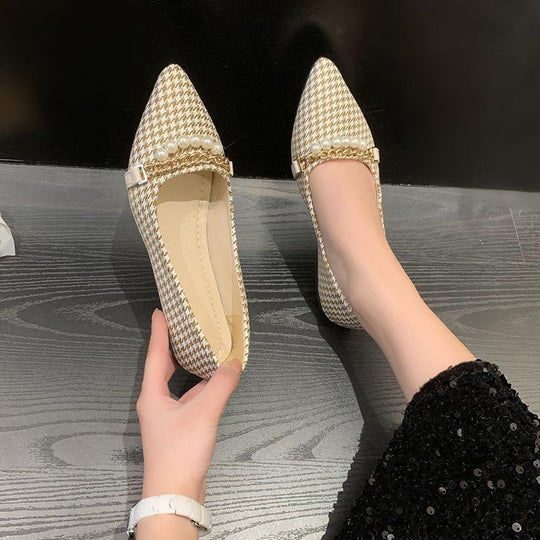 Damen elegante Ballerinas mit modischem Hahnentrittmuster und Perlenschmuck R&B