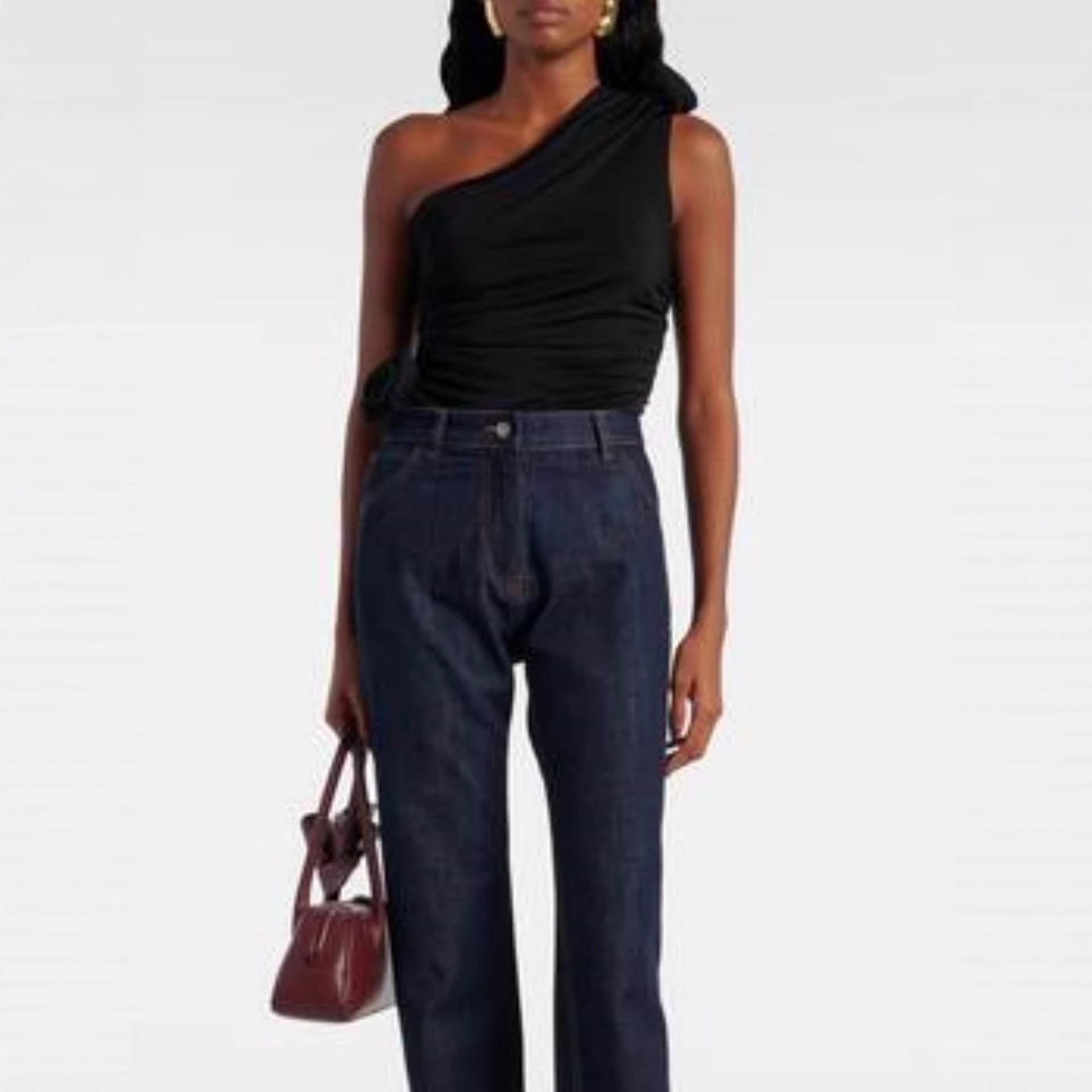 Damen asymmetrisches Top mit Raffungen und floralem Detail R&B