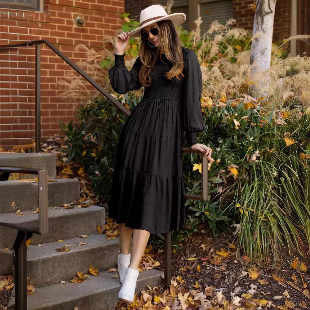 Damen Maxikleid mit schickem Smock-Oberteil und voluminösen Puffärmeln R&B