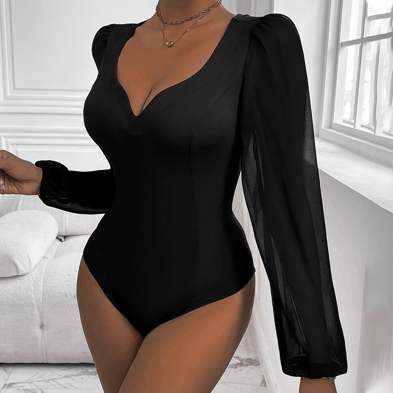 Damen Eleganter Body mit romantischen Puffärmeln und V-Ausschnitt R&B