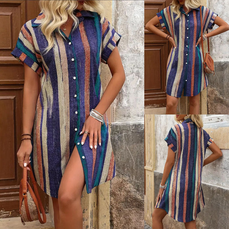 Damen Hemdblusenkleid mit geradem Schnitt und modernen Streifen R&B