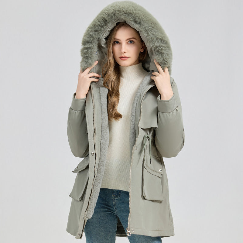 Damen Modische Pufferjacke mit abnehmbarem Kunstpelzkragen und funktionalen Taschen R&B