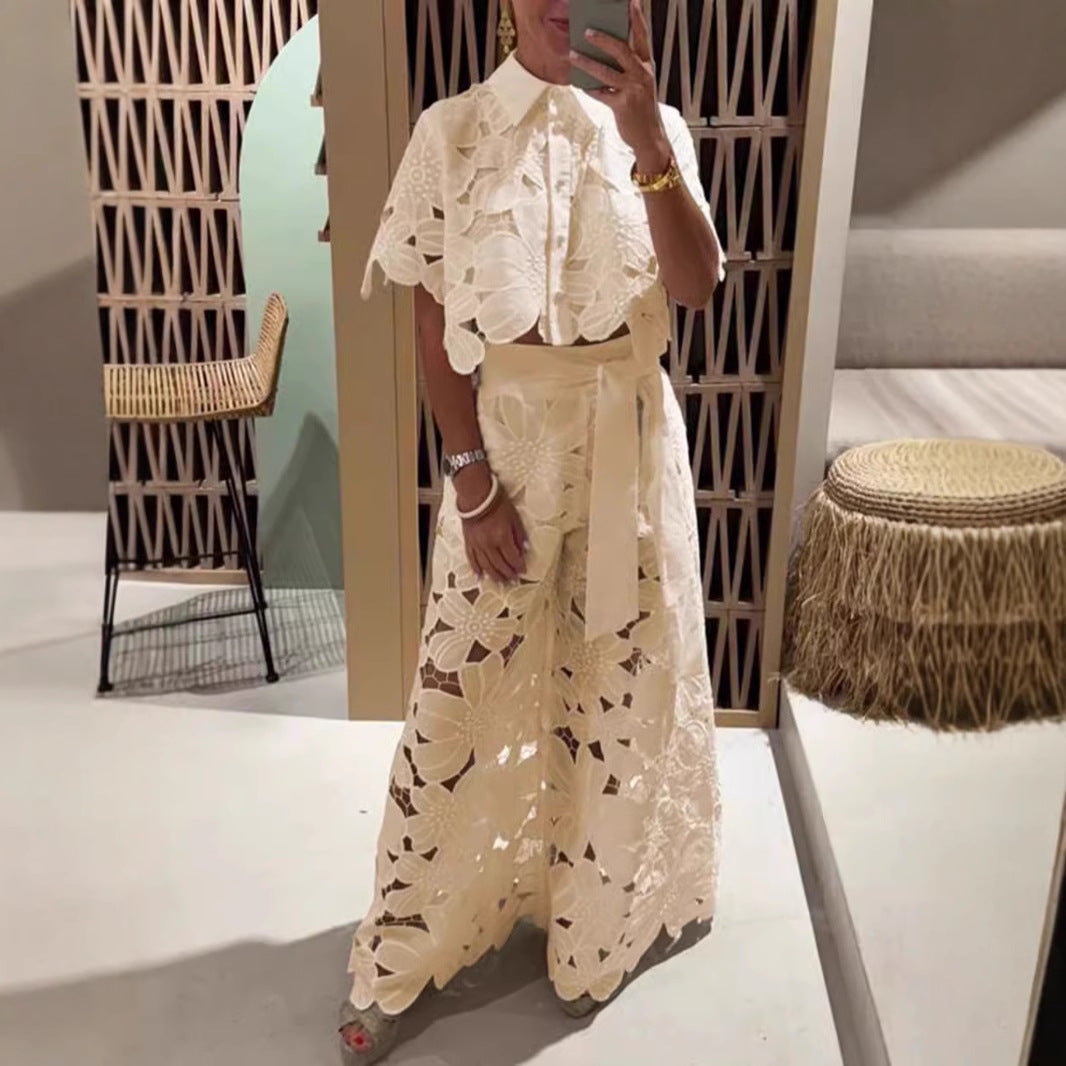 Damen Set im modernen Blumendesign mit cropped Bluse und Maxi-Rock R&B