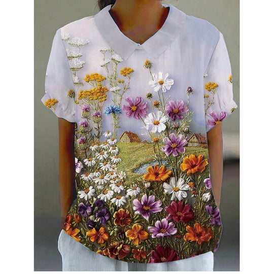 Damen Kurzarmbluse mit floralen Akzenten und klassischem Kragen R&B