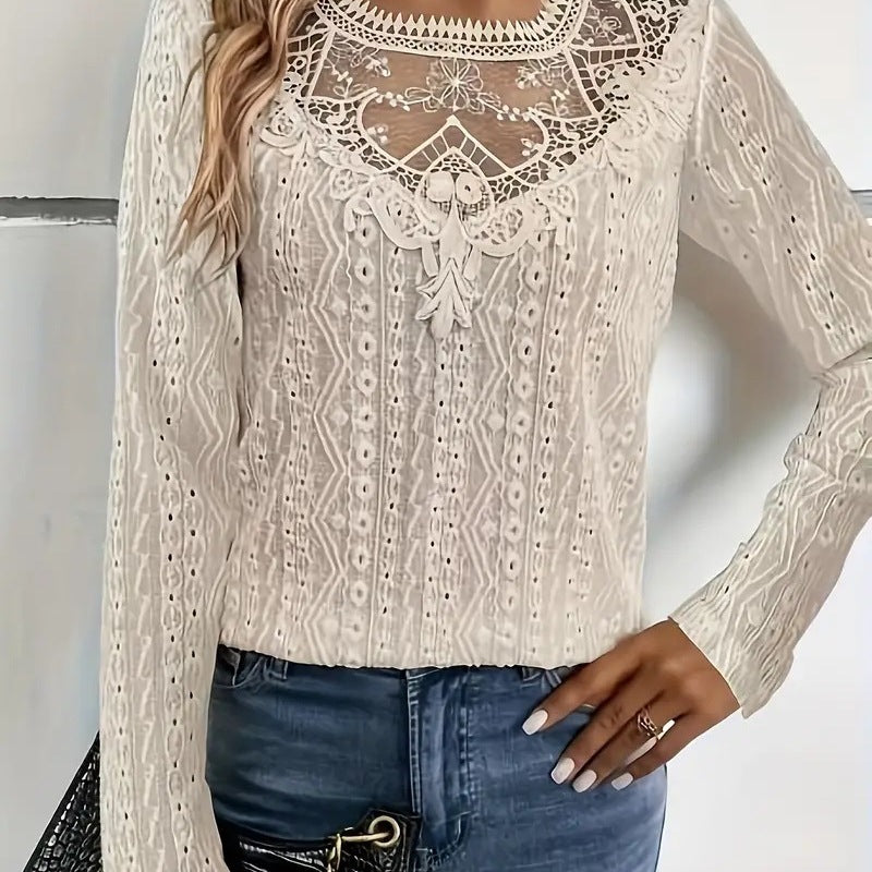 Damen elegante Bluse mit Spitzeneinsätzen und detailliertem Lochmuster R&B