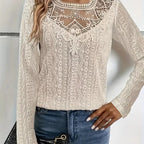 Damen elegante Bluse mit Spitzeneinsätzen und detailliertem Lochmuster R&B