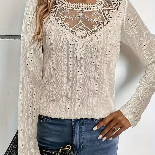 Damen elegante Bluse mit Spitzeneinsätzen und detailliertem Lochmuster R&B
