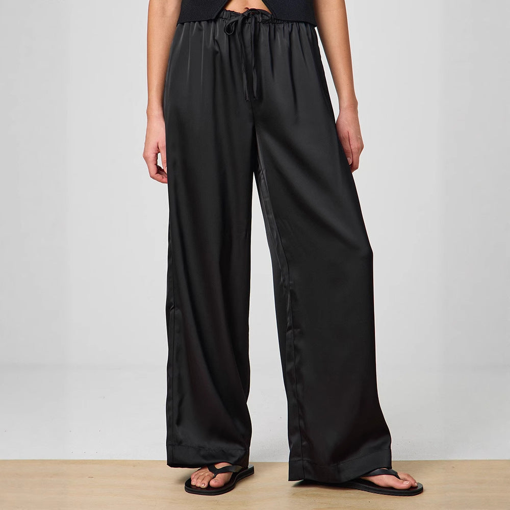 Damen Elegante Weite Satin-Hose mit hochgezogenem Bund und Bindegürtel R&B