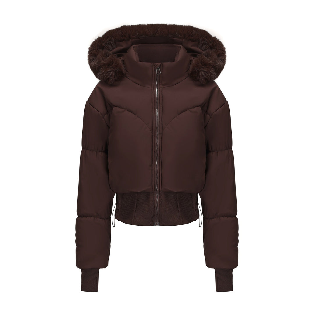Damen cropped Daunenjacke mit abnehmbarer Kapuze und Kunstfellbesatz
