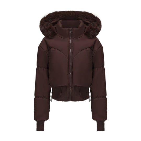Damen cropped Daunenjacke mit abnehmbarer Kapuze und Kunstfellbesatz