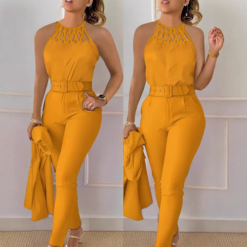 Damen Eleganter Jumpsuit mit schickem Gürtel und raffiniertem Cut-Out R&B