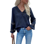 Damen elegante Bluse mit Spitzenakzenten und V-Ausschnitt R&B