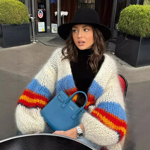 Damen lässiger Strickcardigan mit bunten Streifen und weitem Schnitt R&B