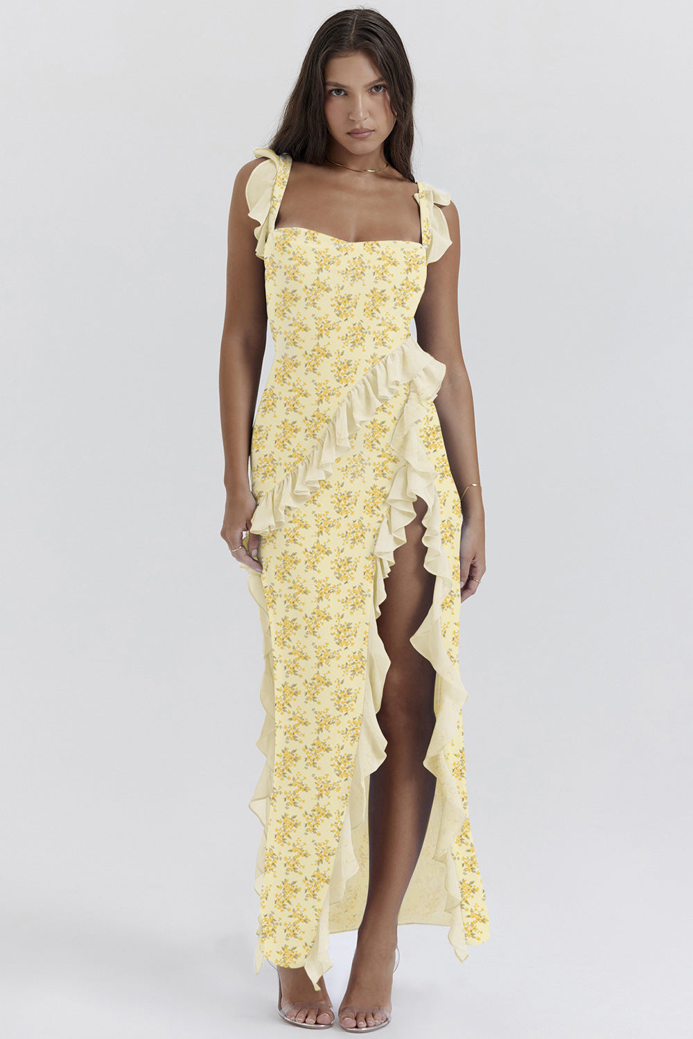 Damen Maxi-Kleid mit Rüschendetails und floralem Design R&B