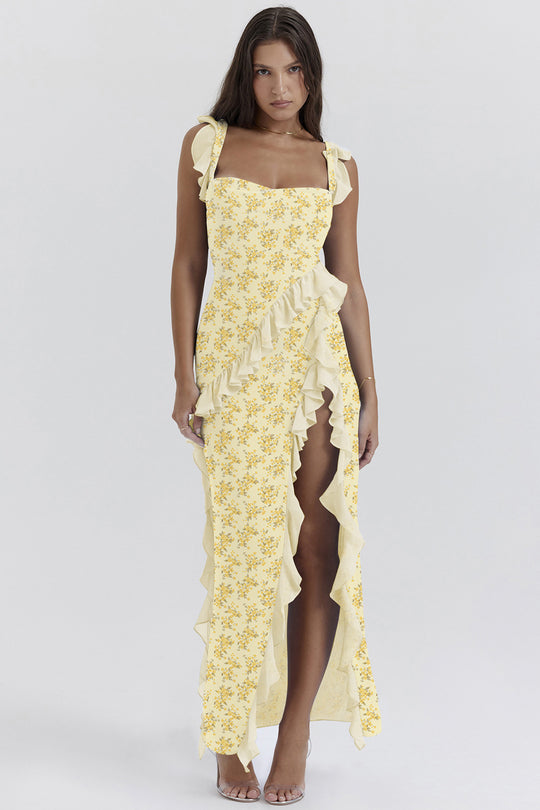 Damen Maxi-Kleid mit Rüschendetails und floralem Design R&B