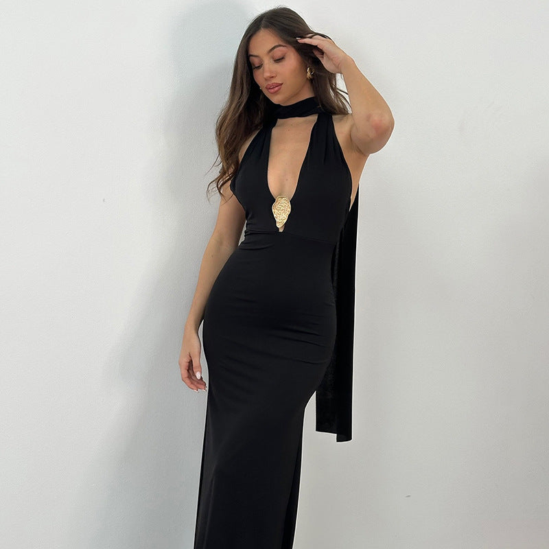 Damen Elegantes Halter-Maxikleid mit verführerischem Ausschnitt R&B