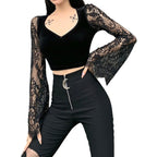 Damen Crop-Top mit eleganten Spitze-Ärmeln und figurbetontem Schnitt R&B