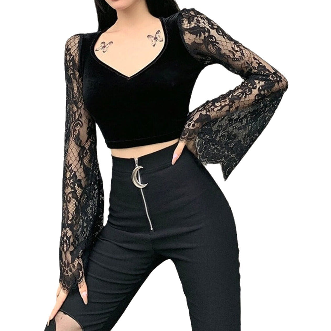 Damen Crop-Top mit eleganten Spitze-Ärmeln und figurbetontem Schnitt R&B