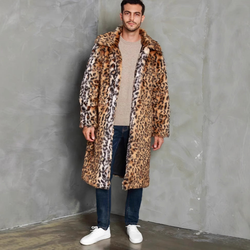 Herren Eleganter Kunstfellmantel mit Leopardenmuster und breitem Kragen R&B