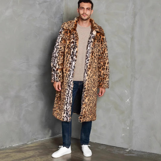 Herren Eleganter Kunstfellmantel mit Leopardenmuster und breitem Kragen R&B