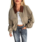 Damen Lässige Cropjacke mit weit geschnittenen Ärmeln und kontrastierendem Kragen R&B