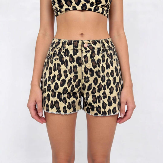 Damen lässige Leo-Shorts mit fransigem Saum und hohen Taschen R&B