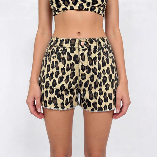 Damen lässige Leo-Shorts mit fransigem Saum und hohen Taschen R&B