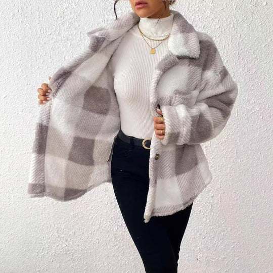 Damen Modische Plüschjacke im Karomuster R&B