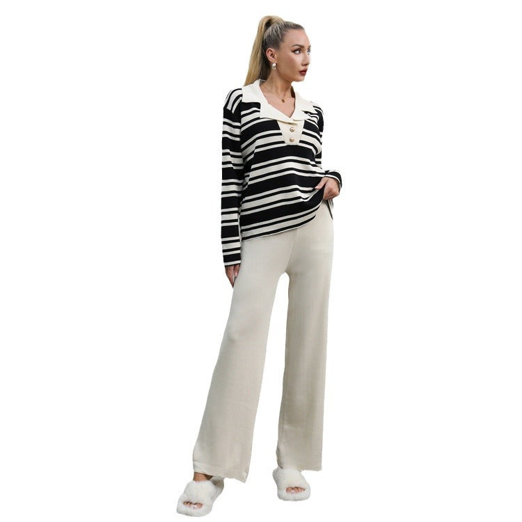 Damen elegantes Strick-Loungewear-Set mit einem modischen Kragen und weit geschnittenen Hosen R&B