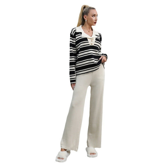 Damen elegantes Strick-Loungewear-Set mit einem modischen Kragen und weit geschnittenen Hosen R&B