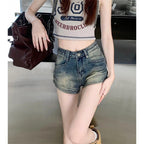 Damen High-Waist Denim Shorts mit Fransen