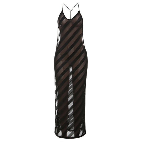 Damen Langes Sommerkleid mit tiefem Rückenausschnitt und schickem Streifenmuster R&B
