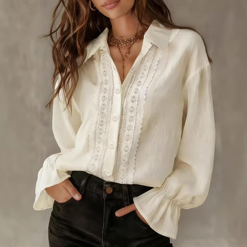 Damen elegante Bluse mit Spitzendetails und Ballonärmeln R&B