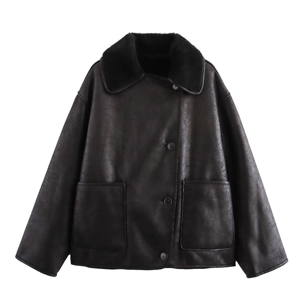 Damen Kunstlederjacke mit weichem Kragen und praktischen Taschen R&B