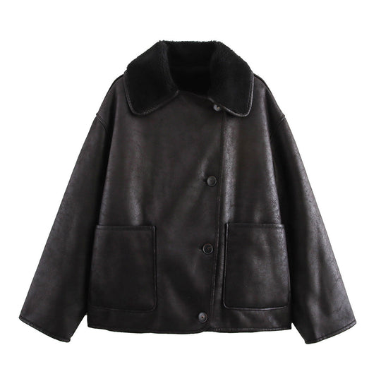 Damen Kunstlederjacke mit weichem Kragen und praktischen Taschen R&B