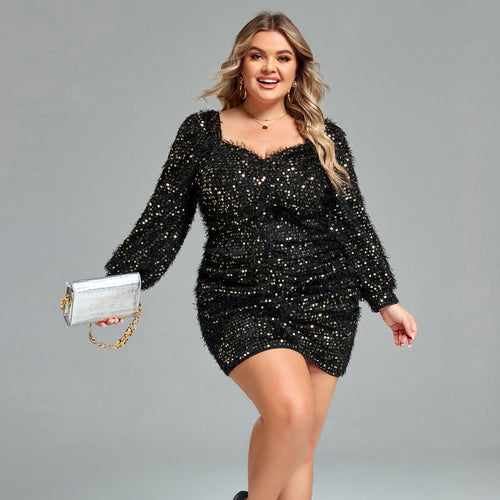 Damen Glitzerndes Mini-Kleid mit Puffärmeln und Raffung R&B