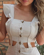 Damen Figurbetonter Playsuit mit Rüschendetails und Knopfleiste R&B