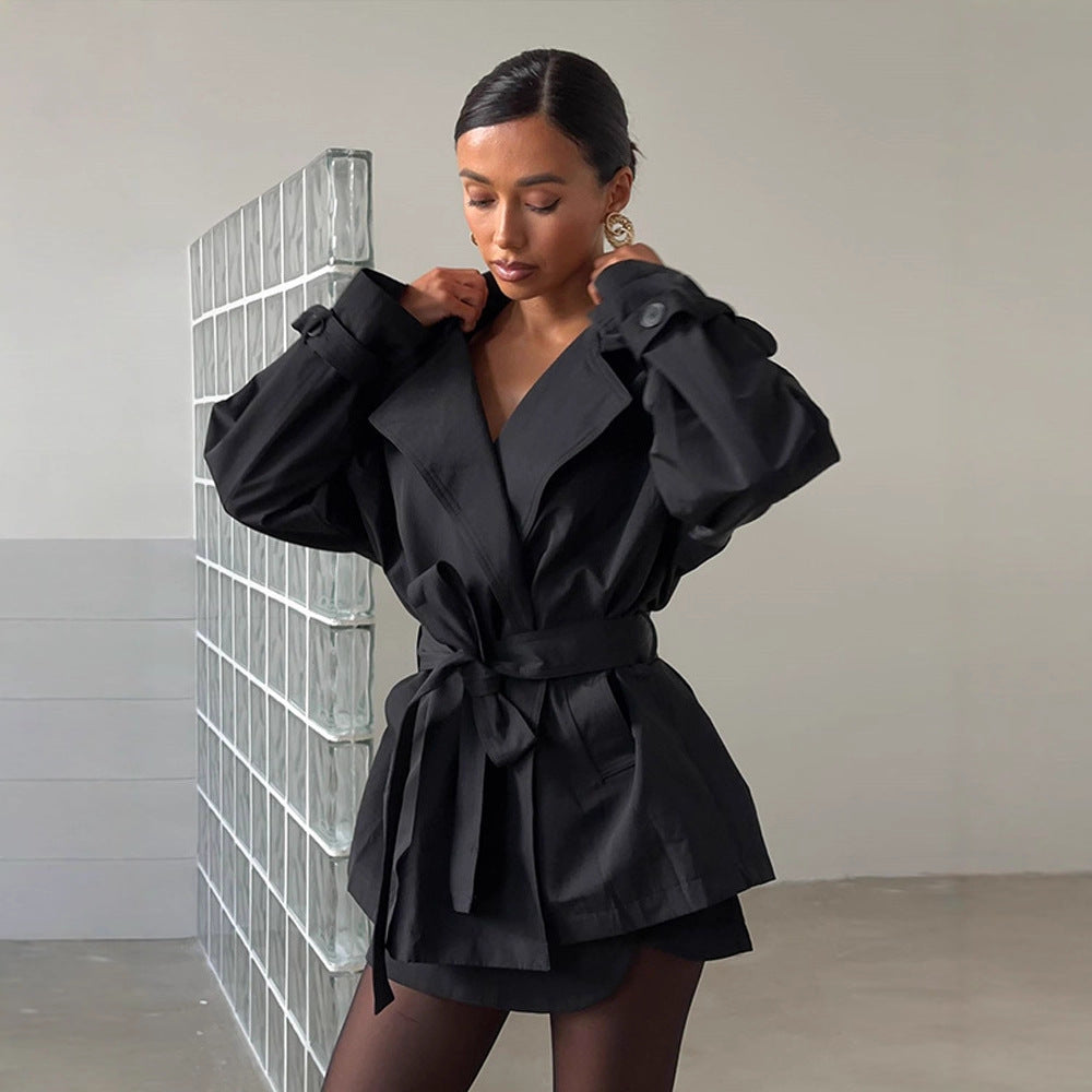 Damen Modische Kurztrenchjacke mit Taillenknoten und großzügigen Taschen R&B