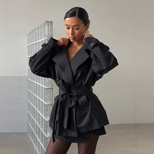 Damen Modische Kurztrenchjacke mit Taillenknoten und großzügigen Taschen R&B