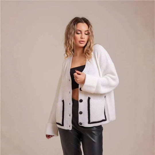 Damen Strickjacke mit großem Kragen und Taschen R&B