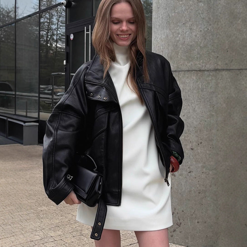 Damen Oversized Kunstlederjacke mit dekorativen Details R&B